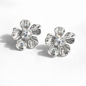 Vintage Silver Tone Flower Clip Earrings HMN Rhinestone Center Mid Century